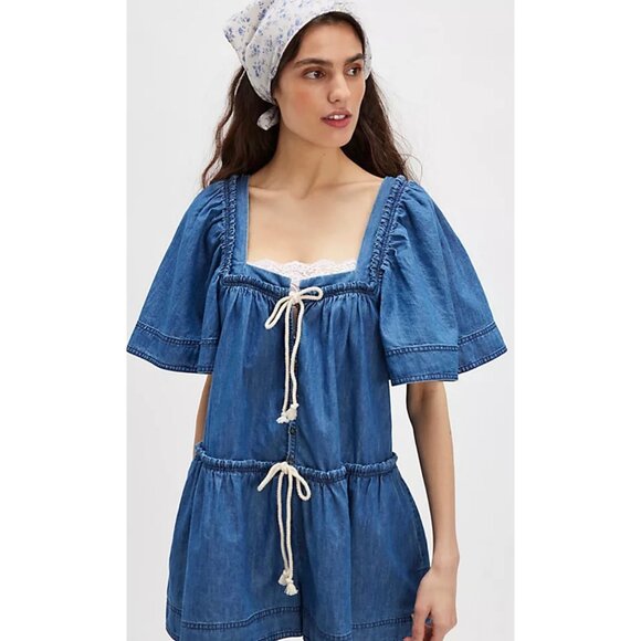 Free People County Line Denim Romper NWT Small $148 - Picture 1 of 13